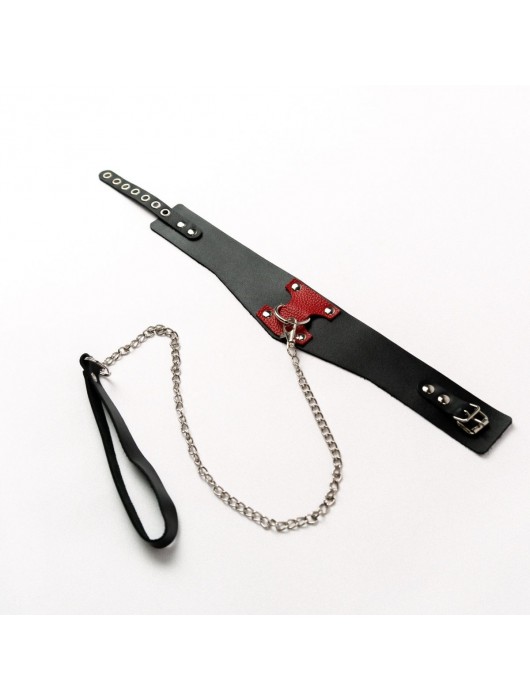 Черный широкий ошейник с красным декором и поводком - Crazy Handmade - купить с доставкой в Магнитогорске