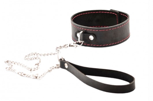 Черный широкий ошейник с красной строчкой и поводком - Crazy Handmade - купить с доставкой в Магнитогорске