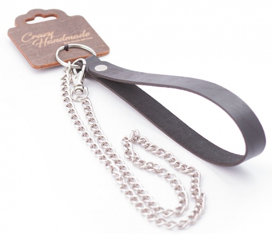 Серебристый металлический поводок с кожаной черной ручкой - 80 см. - Crazy Handmade - купить с доставкой в Магнитогорске
