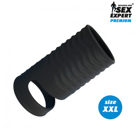 Черная открытая насадка на пенис с кольцом для мошонки XXL-size - 9,4 см. - Sex Expert - в Магнитогорске купить с доставкой