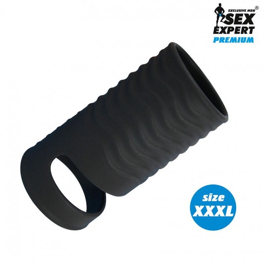 Черная открытая насадка на пенис с кольцом для мошонки XXXL-size - 9,9 см. - Sex Expert - в Магнитогорске купить с доставкой