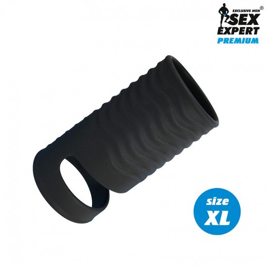 Черная открытая насадка на пенис с кольцом для мошонки XL-size - 8,9 см. - Sex Expert - в Магнитогорске купить с доставкой