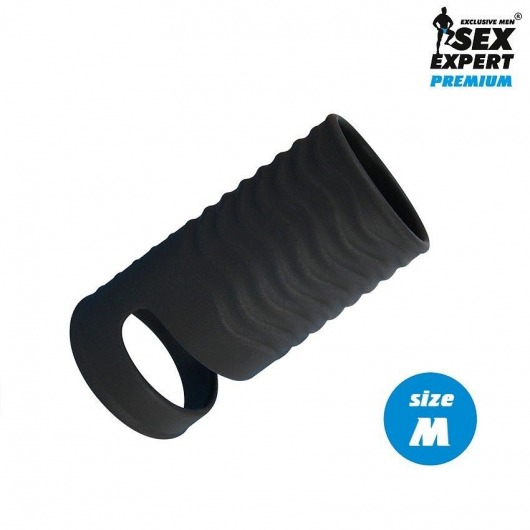 Черная открытая насадка на пенис с кольцом для мошонки size M - 7,9 см. - Sex Expert - в Магнитогорске купить с доставкой