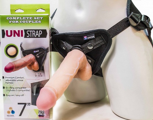 Страпон-унисекс с двумя насадками UNI strap 7  Harness - 19 и 16 см. - LOVETOY (А-Полимер) - купить с доставкой в Магнитогорске