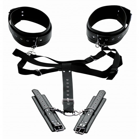 Черная бондажная система Acquire Easy Access Thigh Harness with Wrist Cuffs - XR Brands - купить с доставкой в Магнитогорске