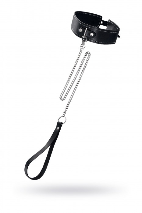 Кожаный двухслойный ошейник с белой строчкой и поводком - Pecado - купить с доставкой в Магнитогорске