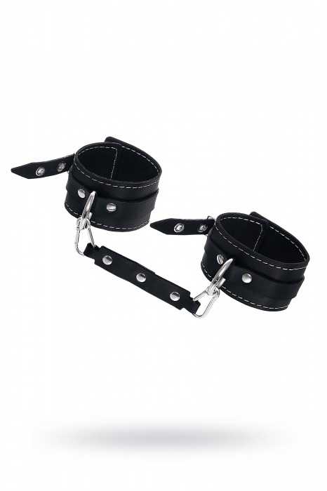 Черные двухслойные кожаные оковы с белой строчкой - Pecado - купить с доставкой в Магнитогорске