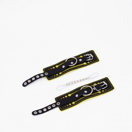 Черно-желтые кожаные наручники с жёлтой строчкой - Crazy Handmade - купить с доставкой в Магнитогорске