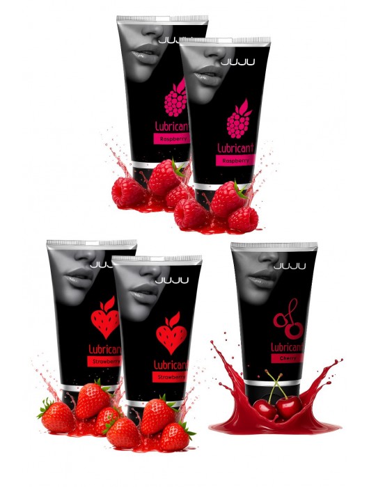 Набор из 5 съедобных лубрикантов JUJU (клубника х 2, малина х 2, вишня) - JuJu - купить с доставкой в Магнитогорске