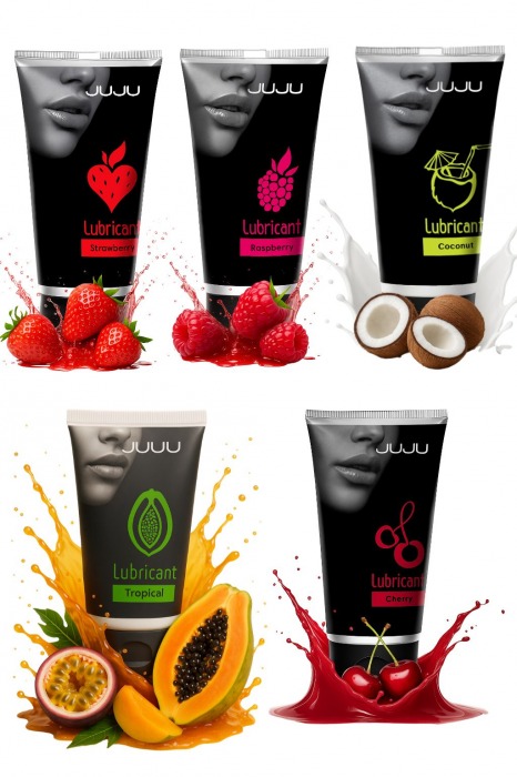 Набор из 5 съедобных лубрикантов JUJU (клубника, малина, тропические фрукты, вишня, кокос) - JuJu - купить с доставкой в Магнитогорске