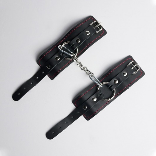 Черные кожаные наручники с красной строчкой - Crazy Handmade - купить с доставкой в Магнитогорске
