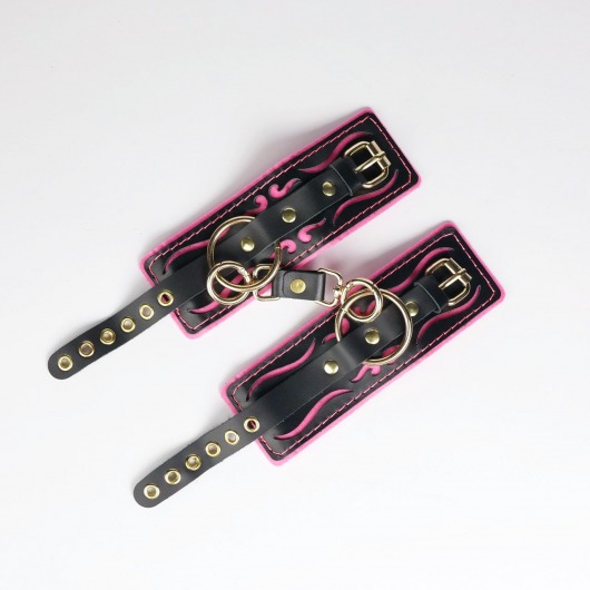 Черные кожаные наручники с розовой строчкой - Crazy Handmade - купить с доставкой в Магнитогорске