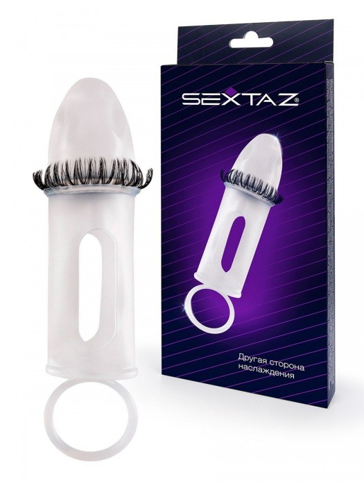 Закрытая насадка на пенис с подхватом мошонки и стимулирующими «ресничками» - Sextaz - в Магнитогорске купить с доставкой