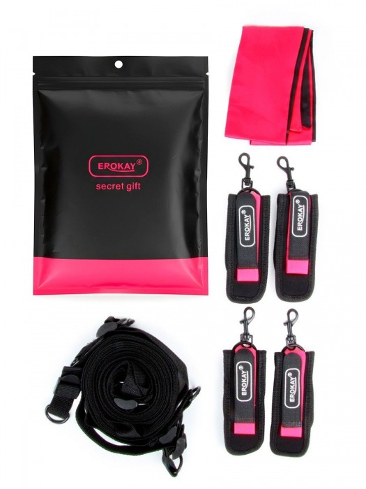 Черно-розовый эротический набор: фиксатор, оковы, наручники, повязка - Erokay - купить с доставкой в Магнитогорске