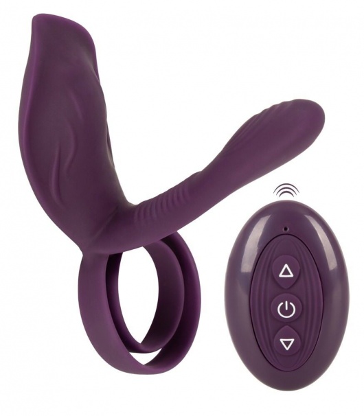 Фиолетовая насадка на член с клиторальным отростком и пультом ДУ RC Couple’s Vibrator 2 - Orion - в Магнитогорске купить с доставкой