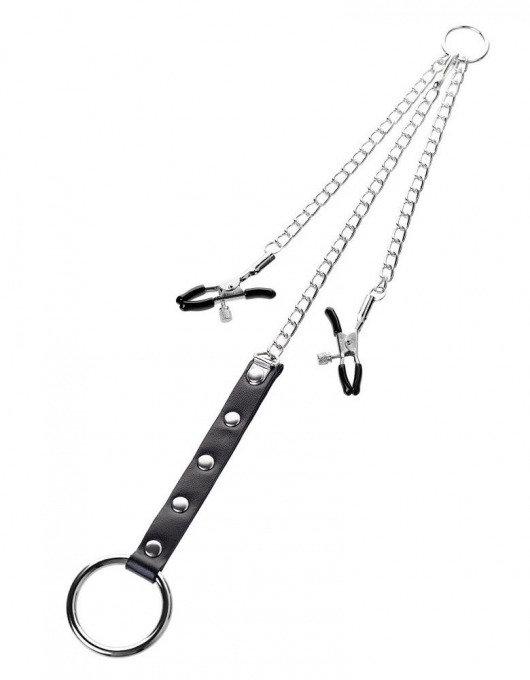 Серебристо-чёрные зажимы для сосков с кольцом для пениса TOYFA Metal - ToyFa - купить с доставкой в Магнитогорске